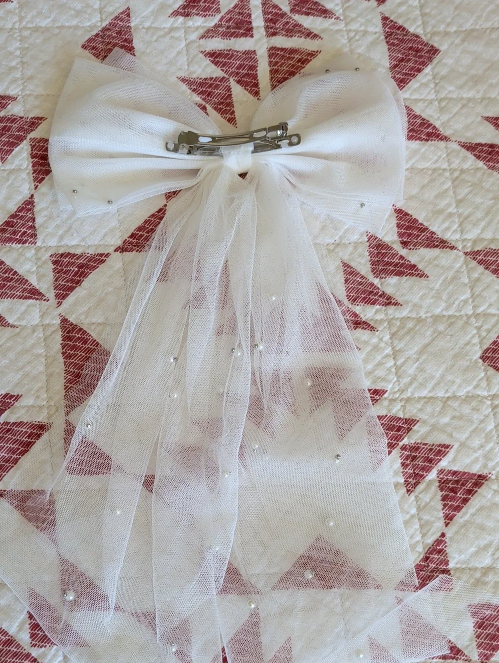 White Tulle Bridal Bow Hair Clip with Pearl Accents